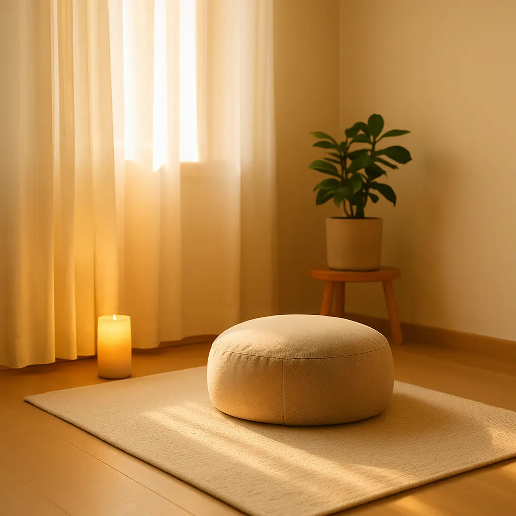 ’un coin zen minimaliste vu en plan large : coussin de méditation, lumière dorée entrant par la fenêtre, rideaux blancs flottants, bougie et plante verte