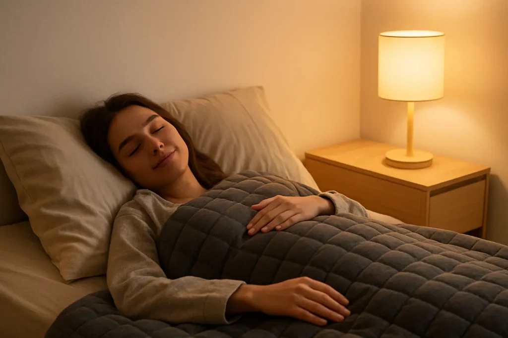une femme allongée sous une couverture lestée, expression détendue