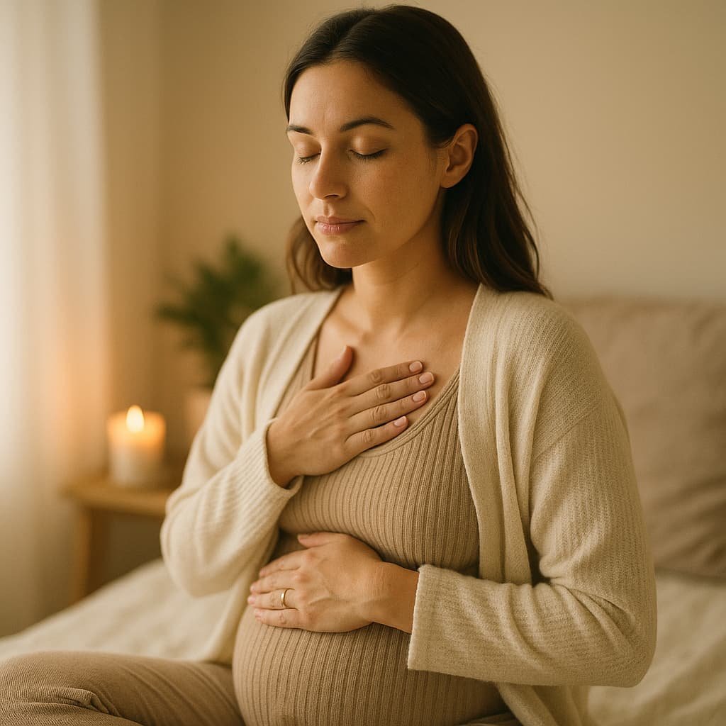 Photographie réaliste d’une femme enceinte en train de pratiquer une respiration ou un moment de calme