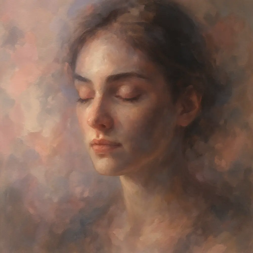 visage féminin mi-ombre mi-lumière, expression apaisée après une tempête émotionnelle