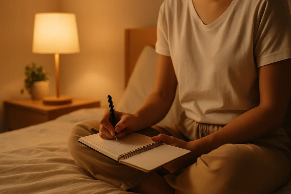 une personne écrivant dans un carnet dans une chambre cosy