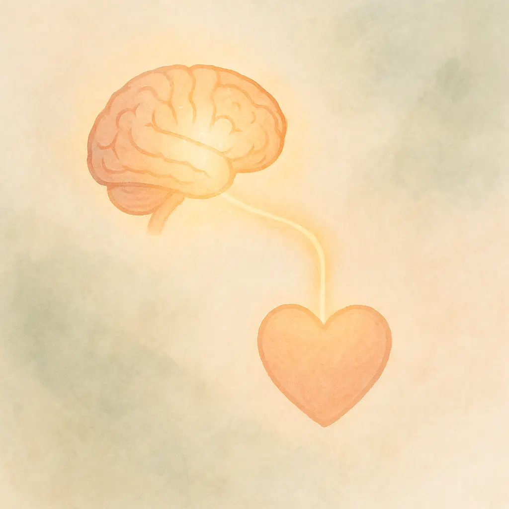 représentation artistique d’un cerveau lumineux relié à un cœur apaisé par un flux doré