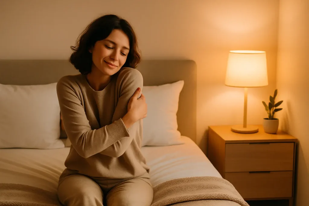 une femme assise sur son lit en train de se faire un self-hug