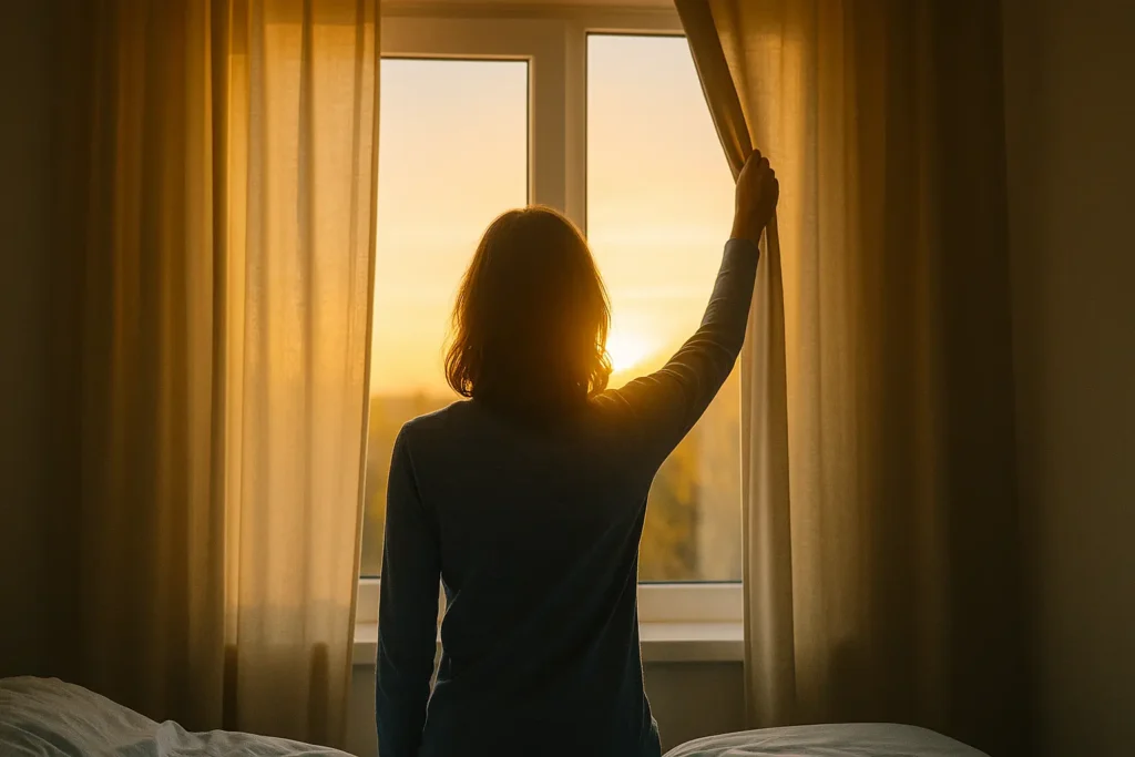 Fenêtre au lever du soleil, lumière naturelle entrant dans une chambre calme. Silhouette tirant légèrement un rideau.