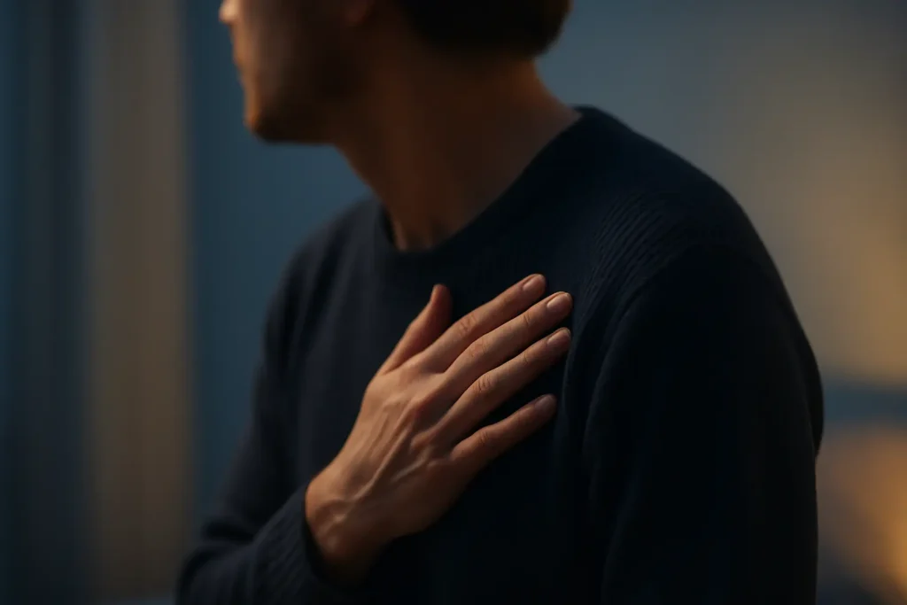 Gros plan d’une main posée sur un cœur ou une poitrine