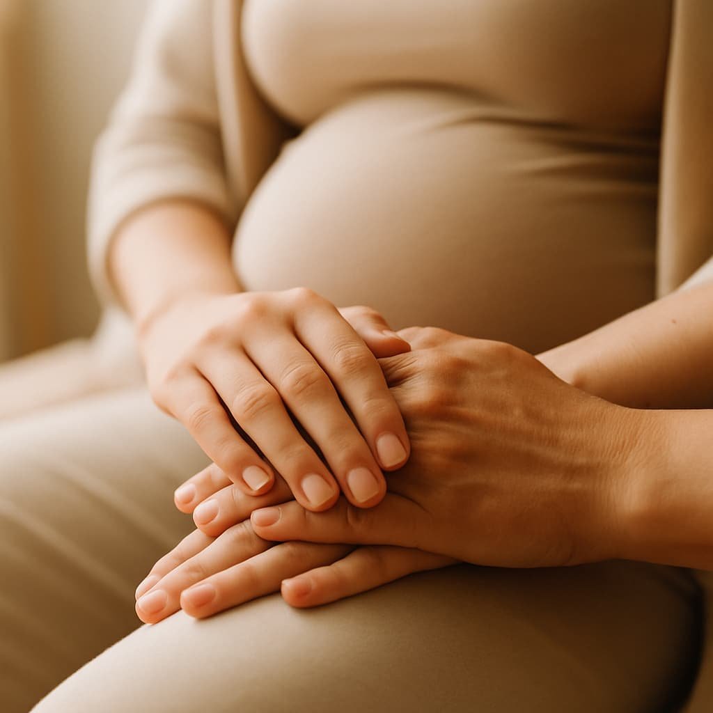 Photo réaliste de deux mains : une personne pose doucement sa main sur celle d’une femme enceinte