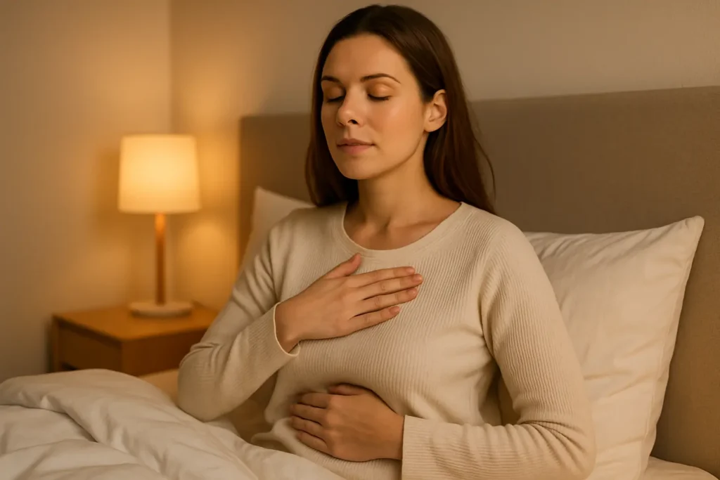 femme assise ou allongée dans son lit, une main sur la poitrine et une sur le ventre