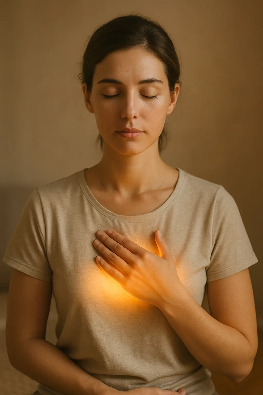 Photo réaliste d’une personne en méditation, les mains posées sur la poitrine.