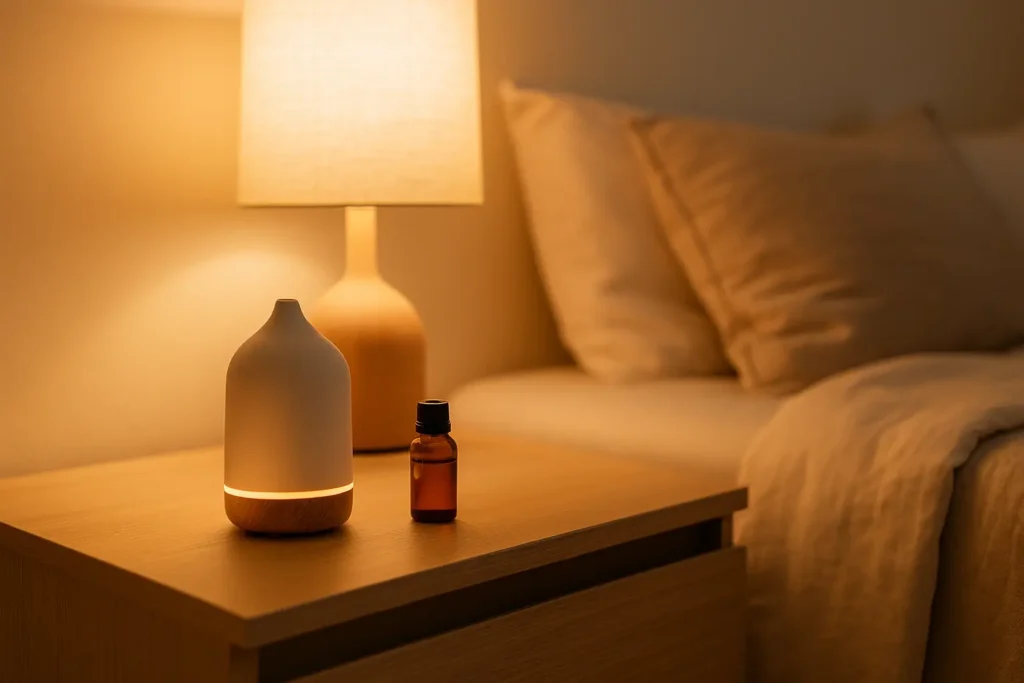 table de nuit moderne avec un petit diffuseur et un flacon d’huiles essentielles