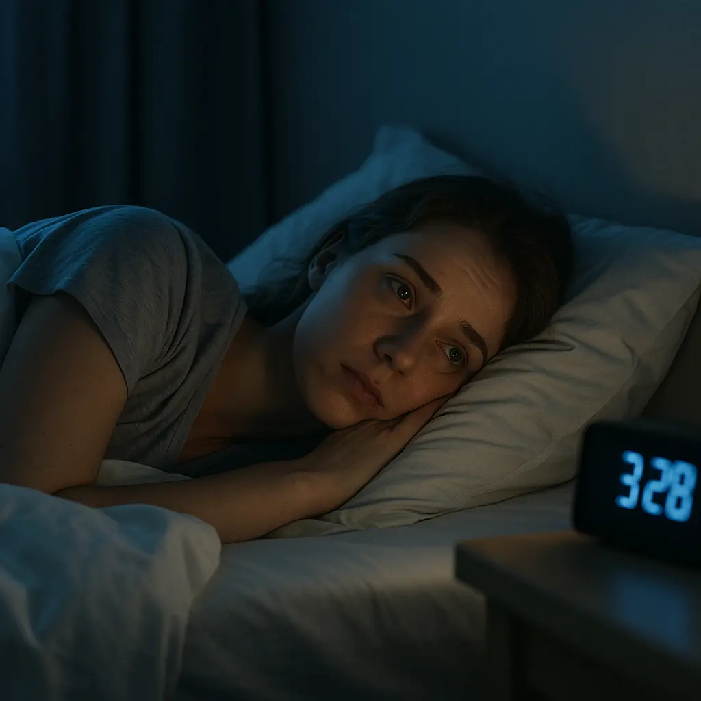 emme insomniaque allongée dans son lit la nuit, fixant le réveil qui indique 3h28