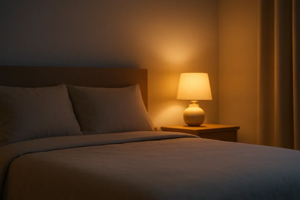 Chambre paisible la nuit, lit bien fait, lampe chaleureuse et halo lumineux apaisant