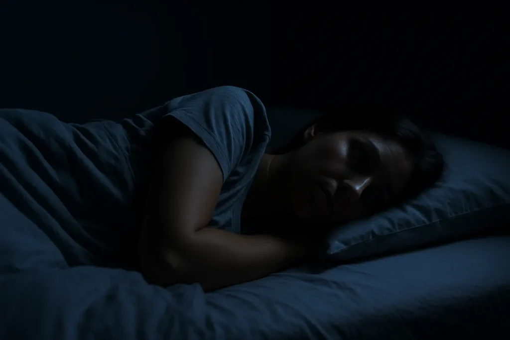 Personne allongée dans un lit, yeux ouverts dans le noir