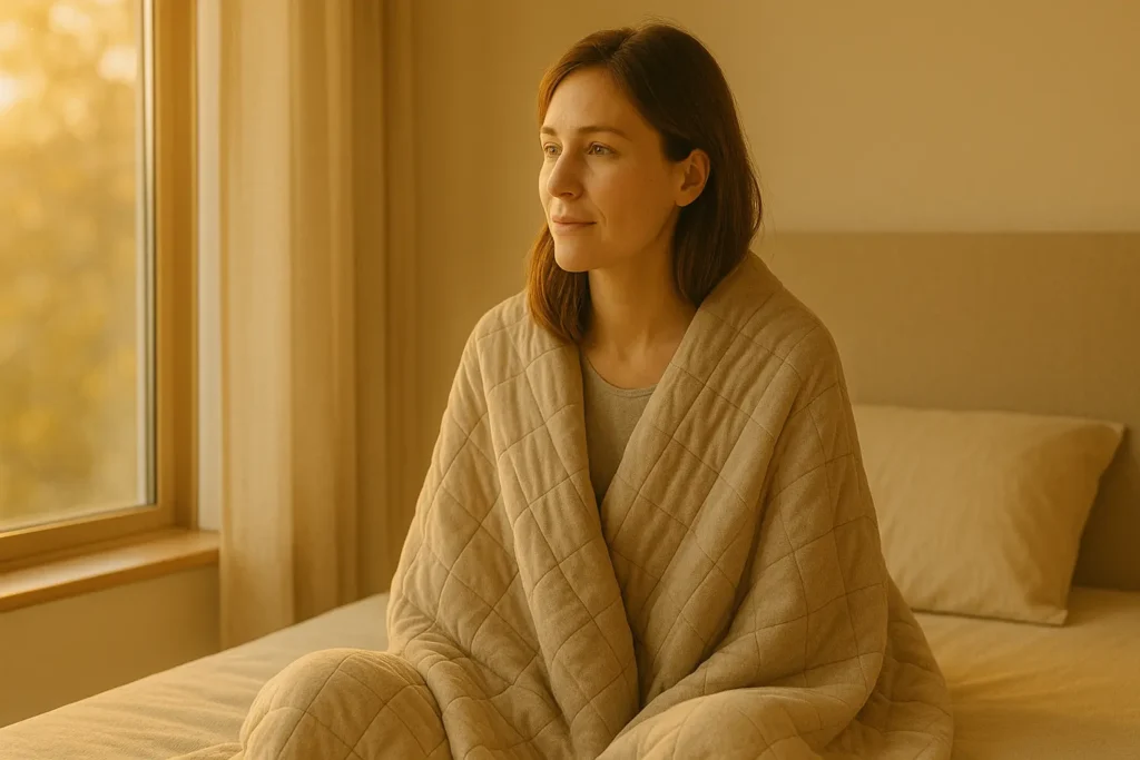 une personne recouverte d’une couverture lestée