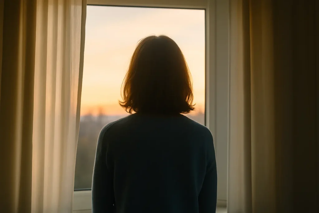 Silhouette de dos regardant par une fenêtre au lever du jour, ambiance d’espoir et de calme.