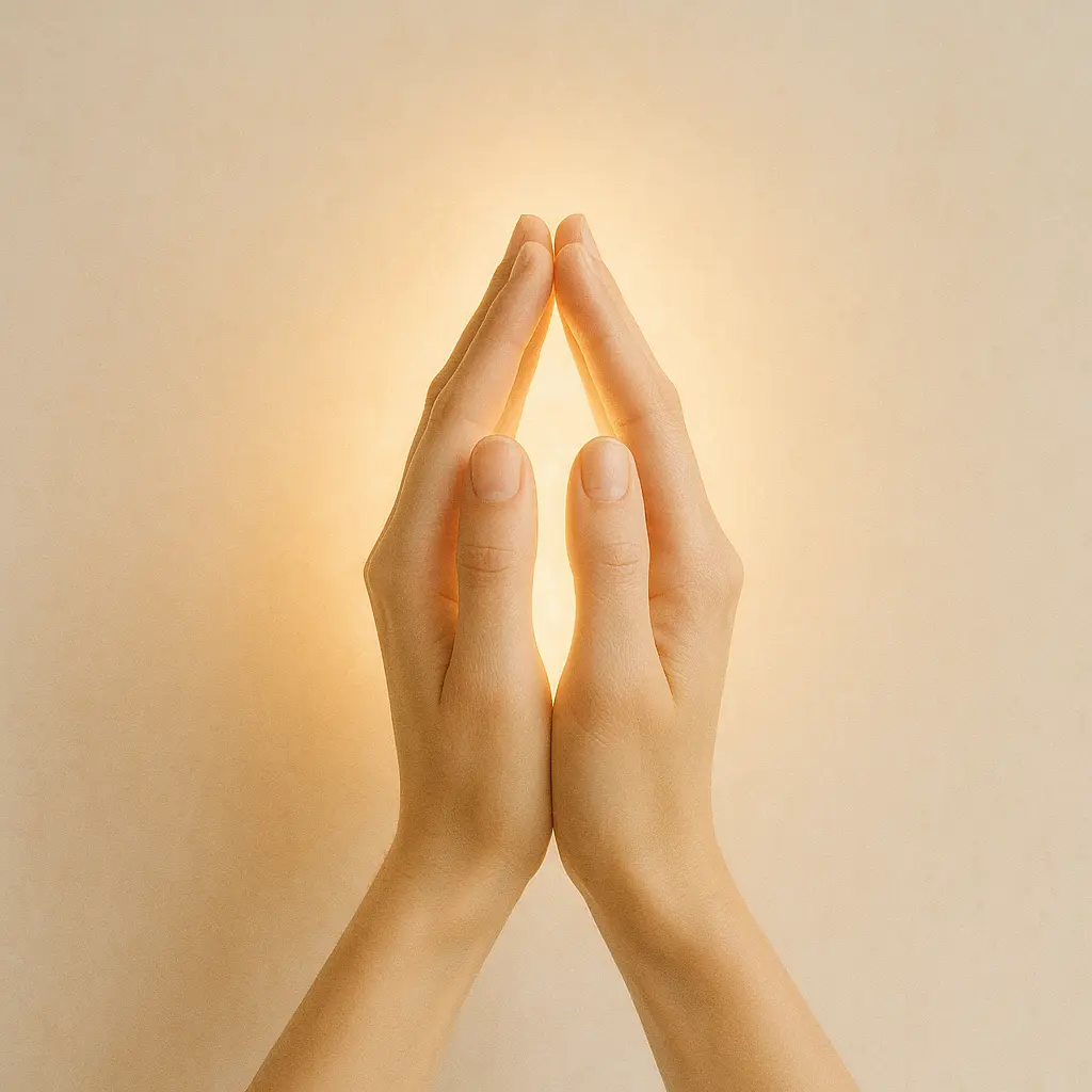 deux mains jointes entourées d’une lumière dorée, symbolisant l’union entre corps et espri