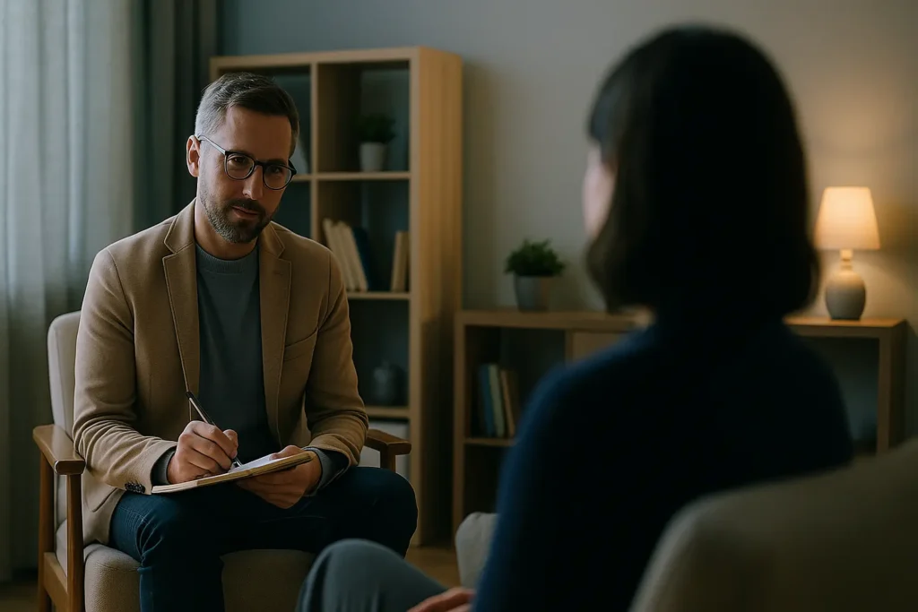 Scène de cabinet thérapeutique moderne, ambiance calme. Un thérapeute assis face à une personne de dos, carnet ouvert