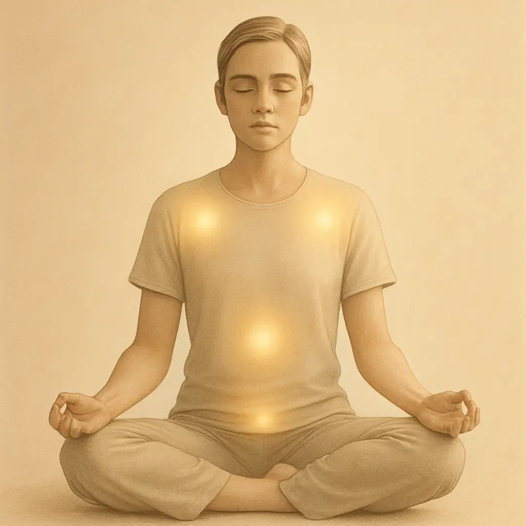 Silhouette réaliste d’une personne assise en méditation, zones lumineuses douces sur le corps
