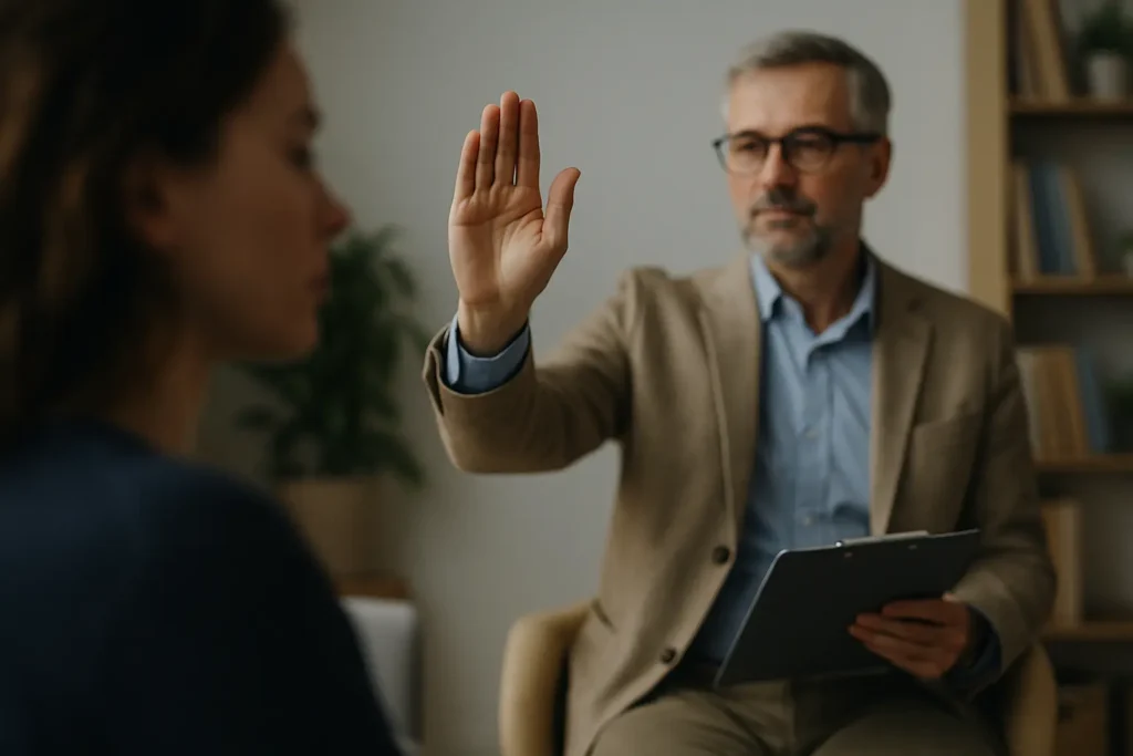 Scène de cabinet de psychologue où une personne assise suit du regard la main du thérapeute (EMDR
