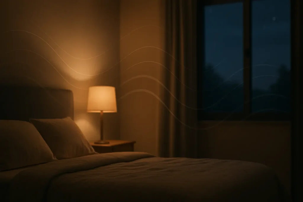Chambre apaisante avec lumière tamisée, fenêtre légèrement floue montrant un ciel nocturne calme