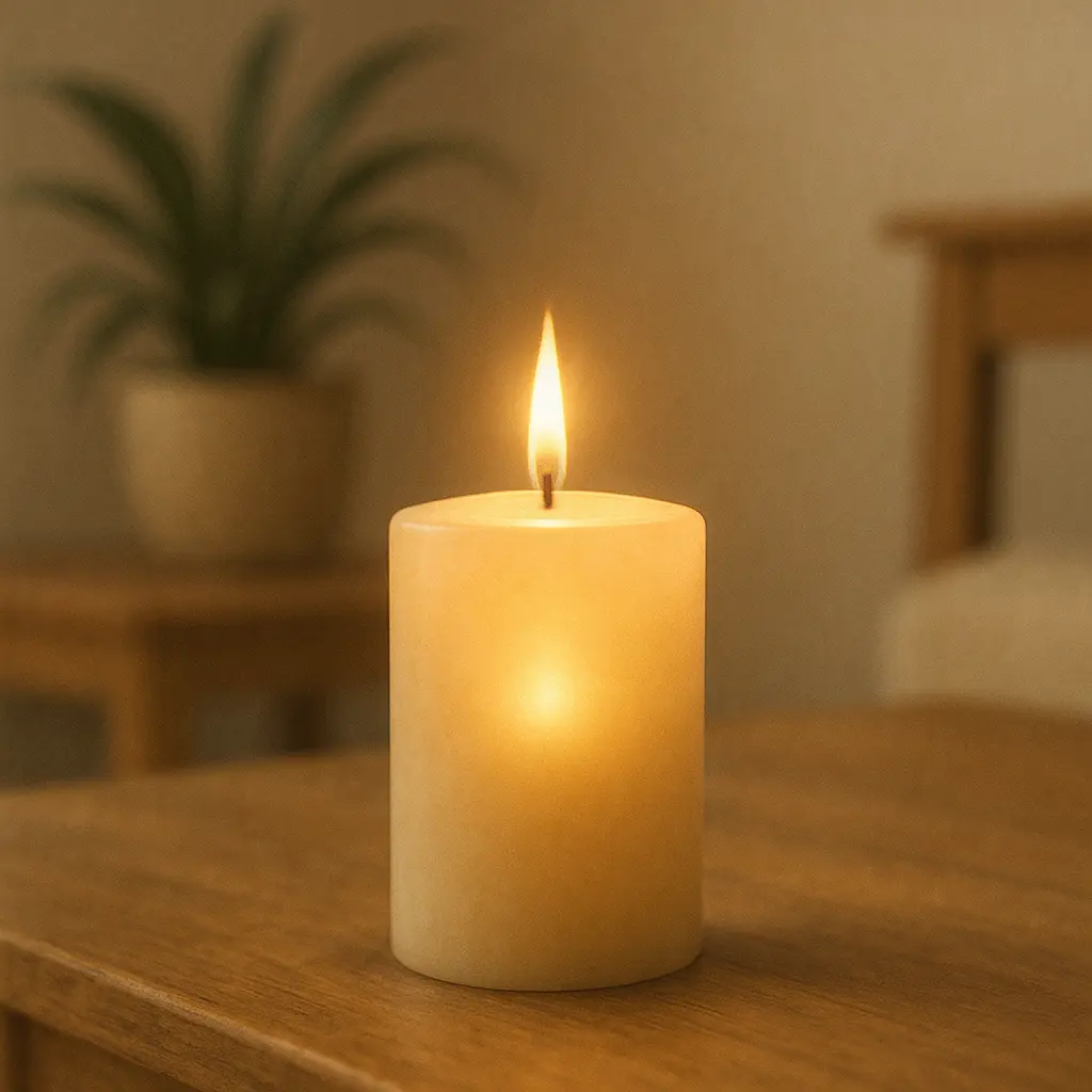 Photo réaliste d’une bougie allumée dans une pièce calme et tamisée