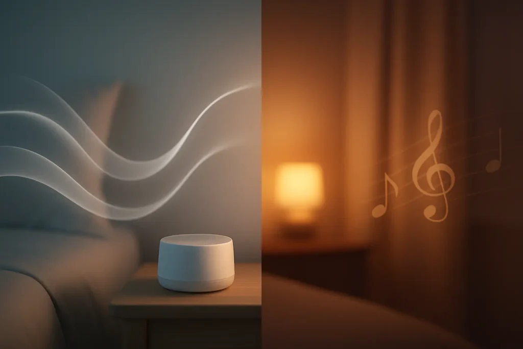 Scène divisée subtilement : d’un côté, des ondes blanches douces ; de l’autre, une ambiance lumineuse évoquant la musique