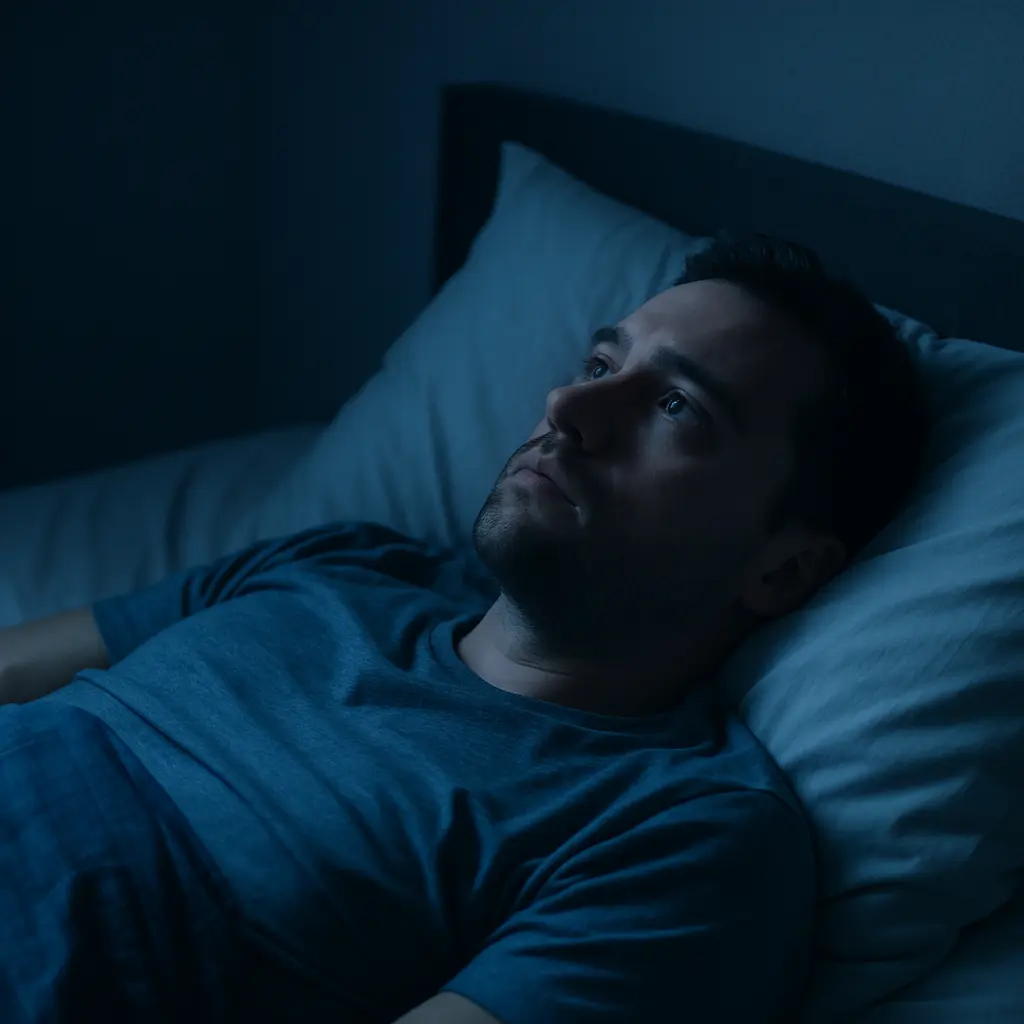 personne allongée sur le dos dans son lit, les yeux ouverts, regard perdu dans le vide, clairement en train de réfléchir ou de ruminer