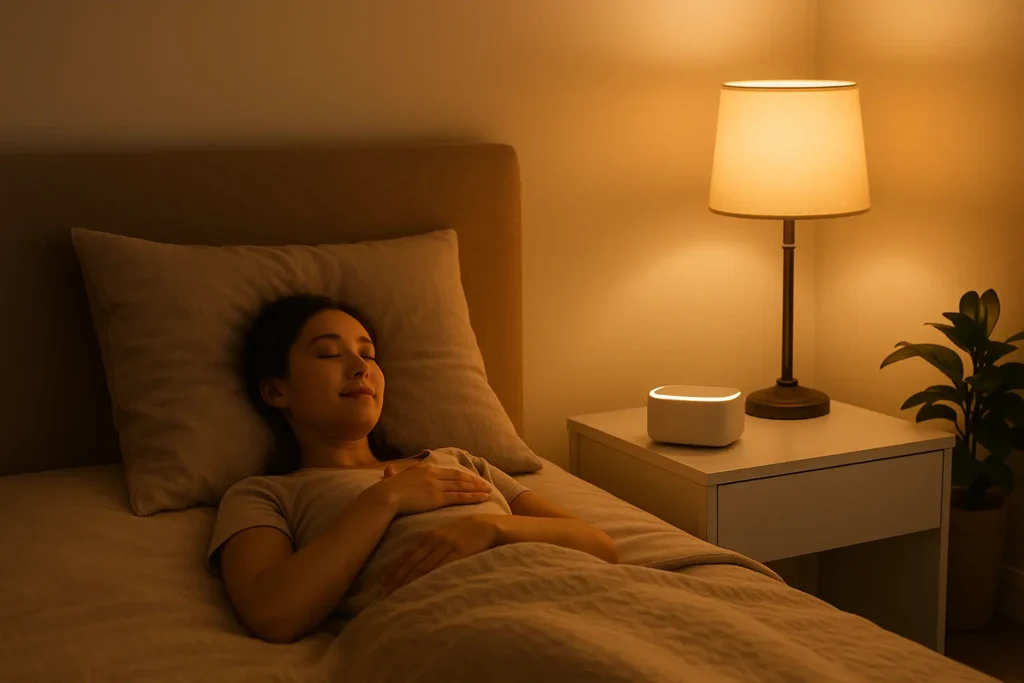une chambre calme avec une petite machine à bruit blanc ou un haut-parleur diffusant une lumière douce