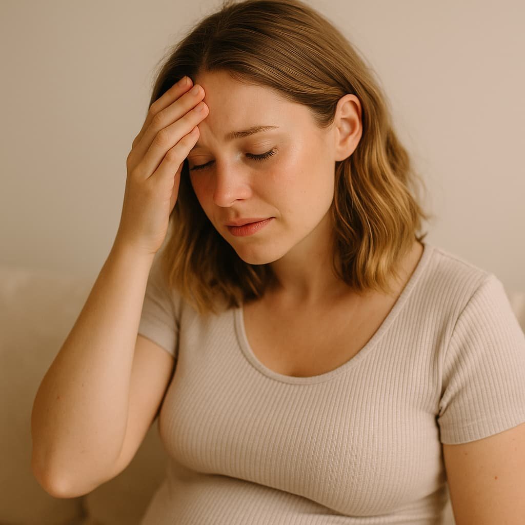 Photo réaliste d’une femme enceinte en gros plan, yeux légèrement humides mais regard calme