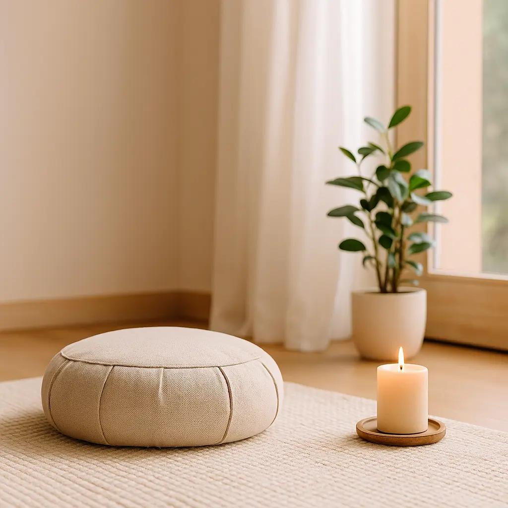 Photo réaliste d’un coin zen minimaliste avec un coussin de méditation Outils et Ressources