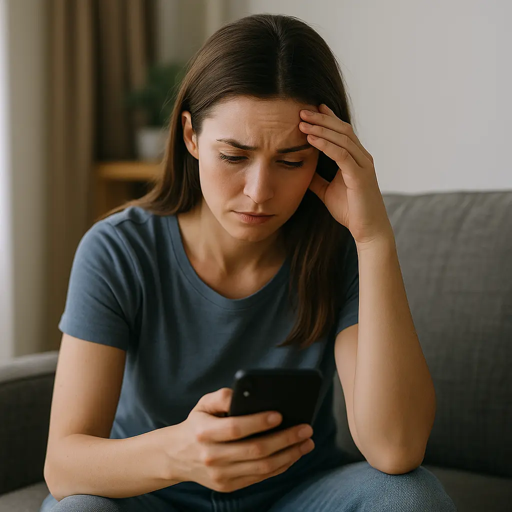 Femme assise dans un lit le matin, tenant une tasse et fixant son téléphone avec une expression triste et préoccupée.
