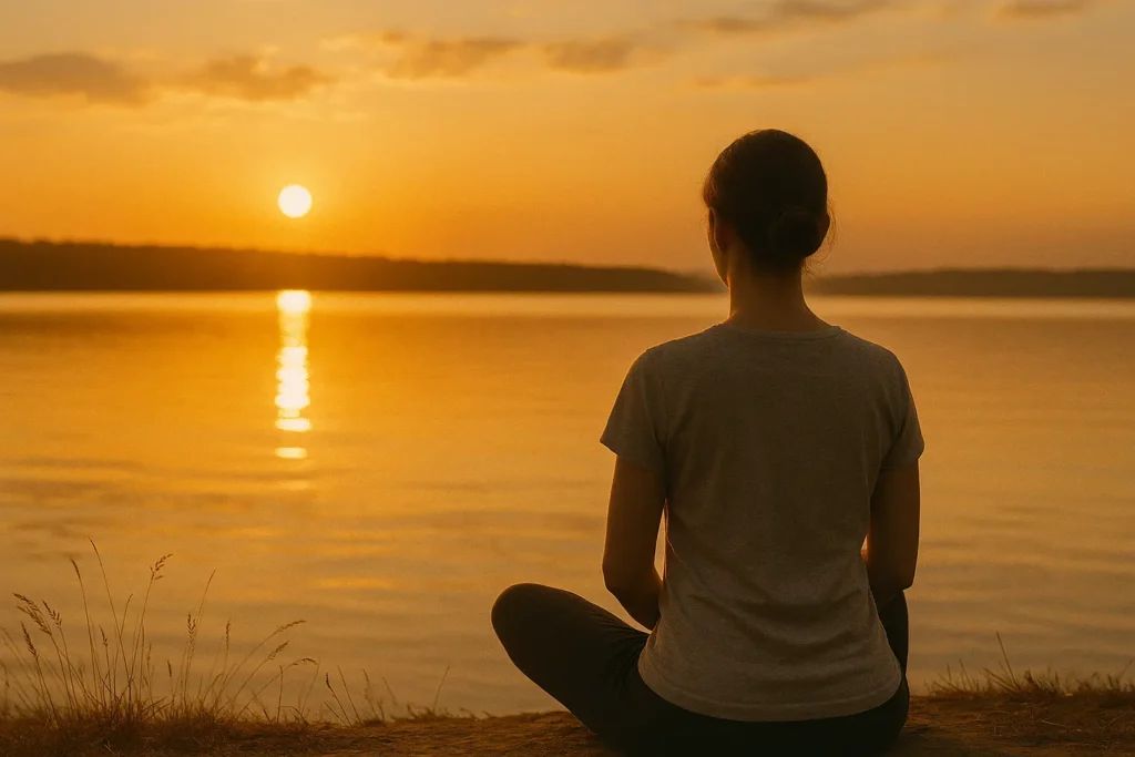 une silhouette méditant au bord d’un lac au coucher du soleil.