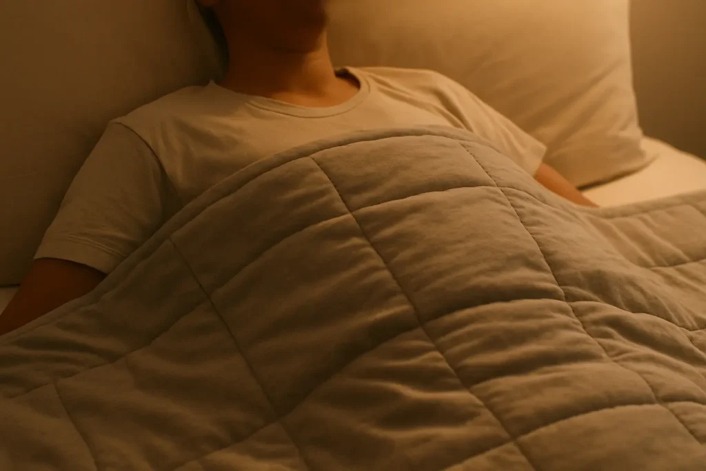 personne respirant calmement sous une couverture lestée.