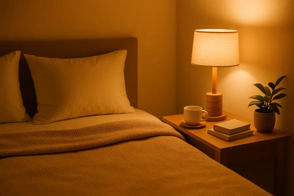 une chambre cosy avec lumière chaude, tasse de tisane sur la table de nuit