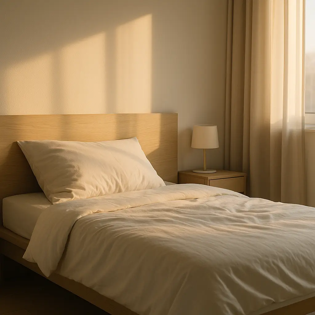 Lit calme dans une lumière matinale dorée, image apaisante représentant le retour au calme après une nuit compliquée.