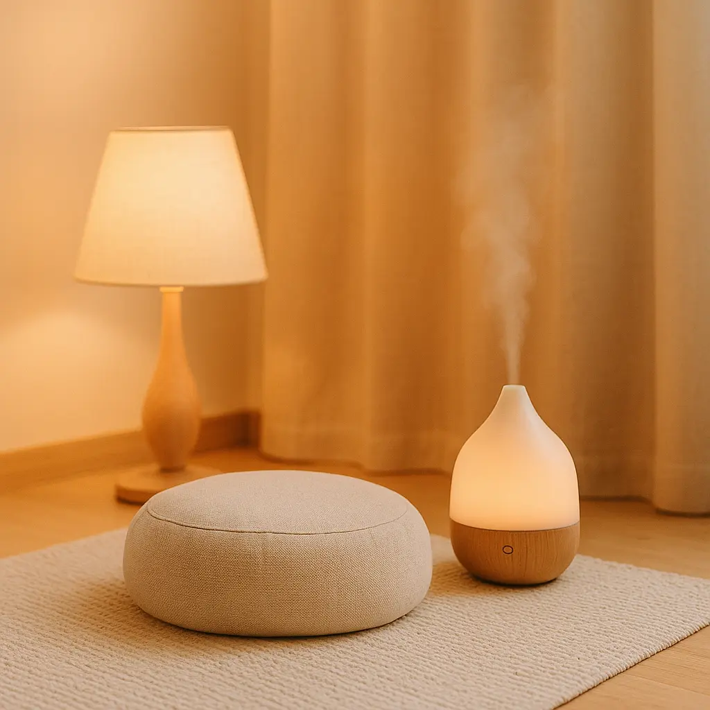 hoto réaliste d’un espace de méditation ordonné : coussin beige, lampe douce, diffuseur d’huiles essentielles