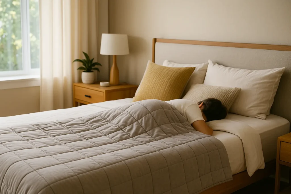 ’une personne allongée sous une couverture lestée élégante