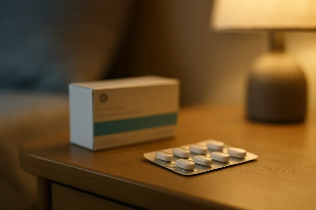 Boîte de médicaments générique floue, posée sur une table de chevet