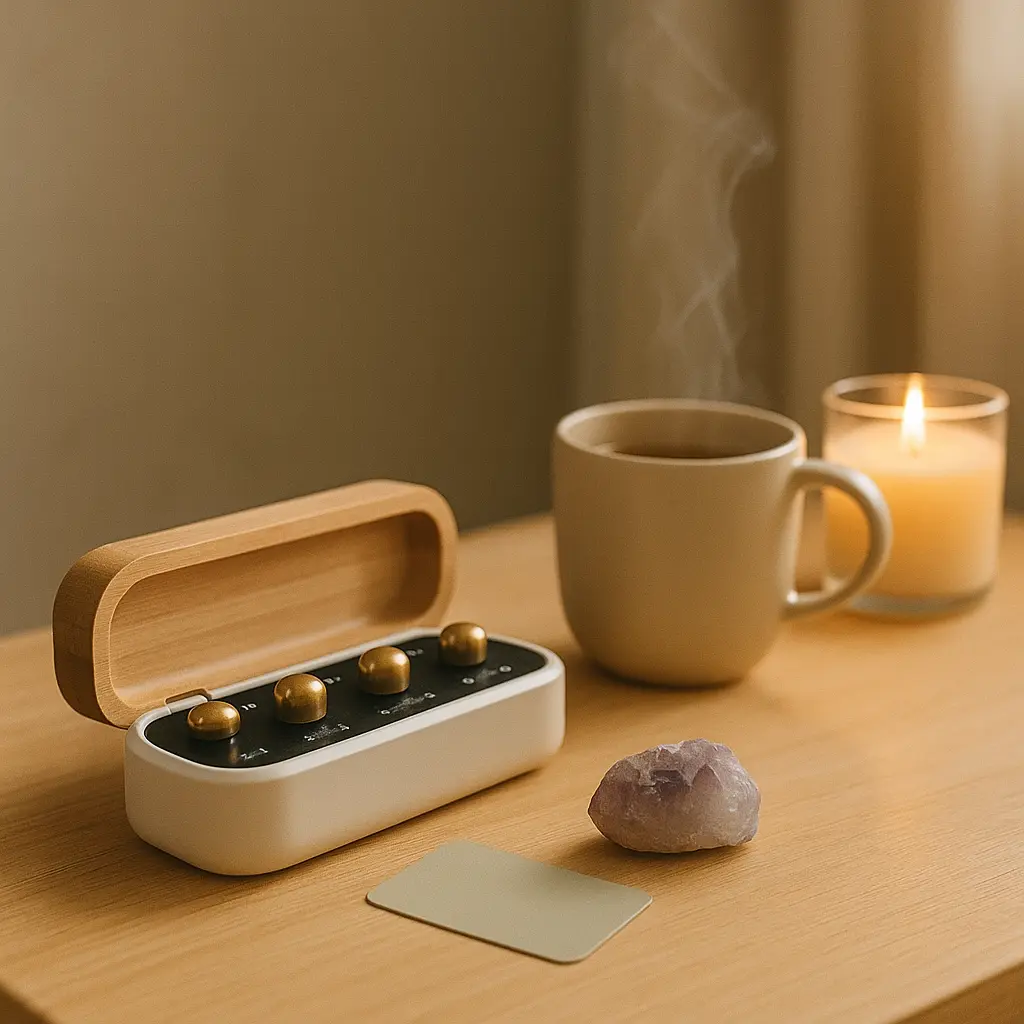 petit appareil de méditation type Morphée Mood, une tasse de tisane fumante et une bougie allumée