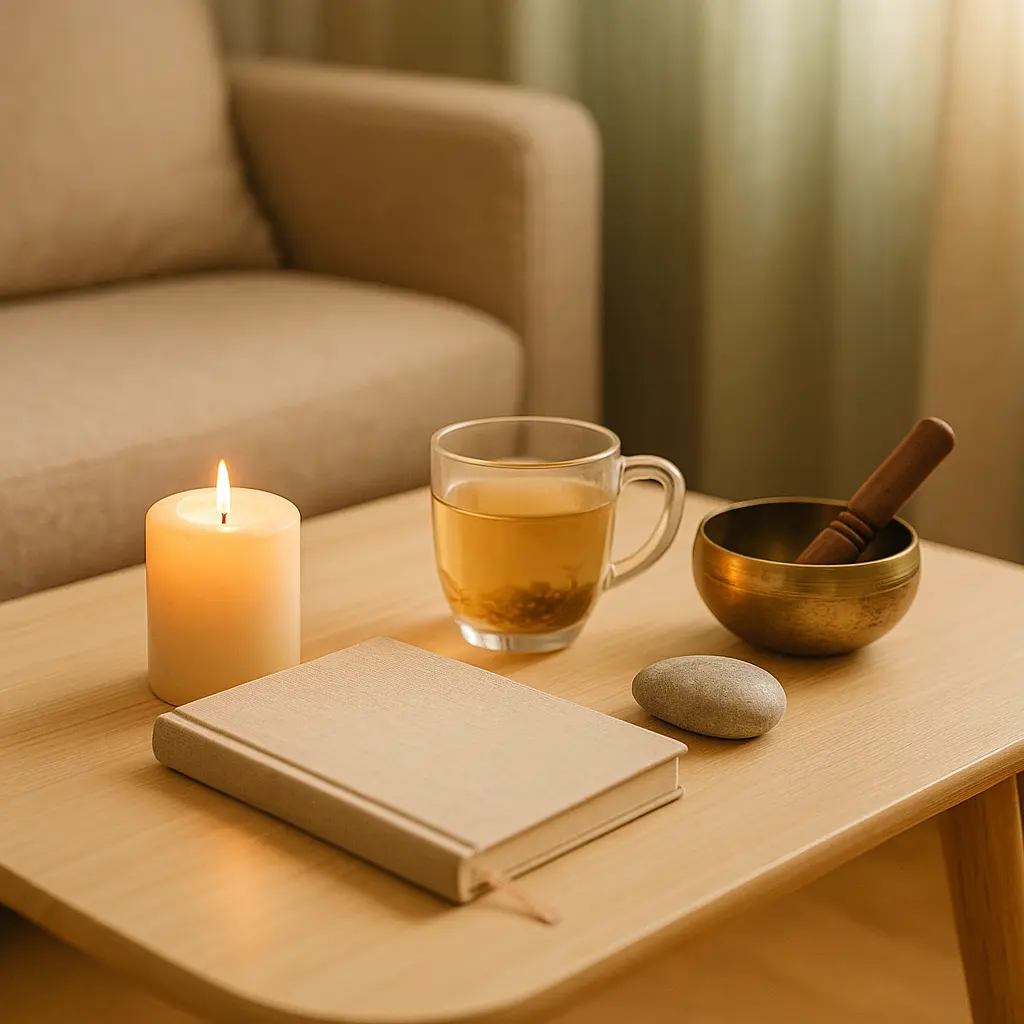 une table basse avec une bougie allumée, un carnet fermé, une infusion, une pierre apaisante et un bol tibétain