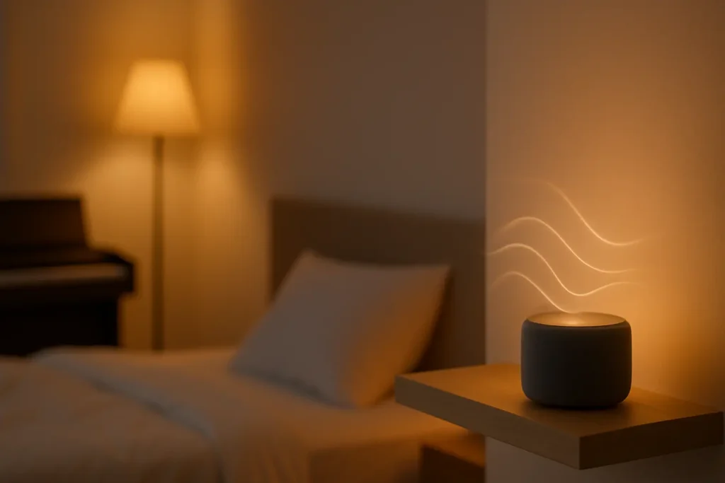 Chambre chaleureuse avec une petite enceinte posée sur une étagèr