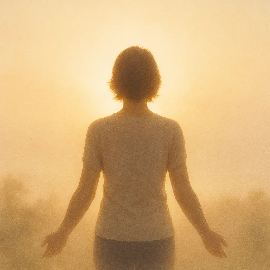 silhouette d’une personne debout face à la lumière du matin, posture calme et ouverte