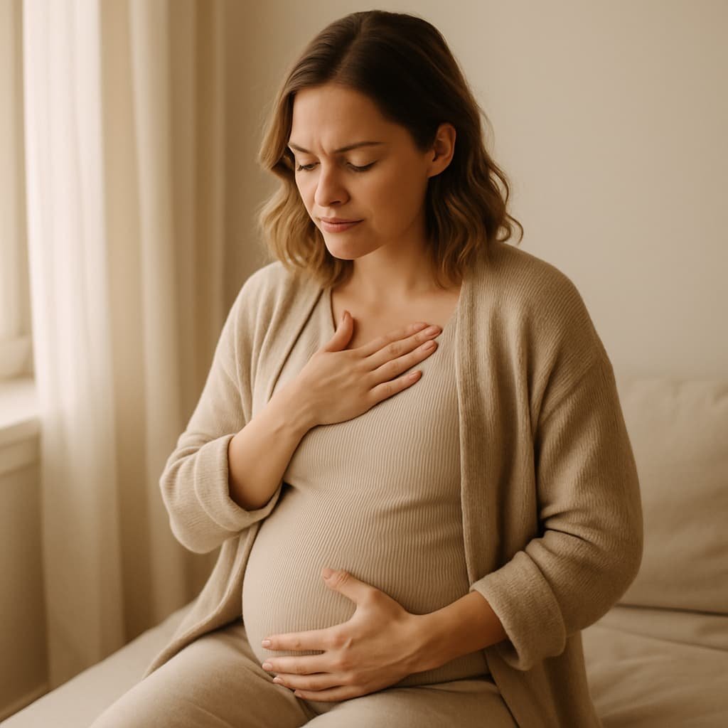 Photographie réaliste d’une femme enceinte dans un intérieur lumineux et doux, assise près d’une fenêtre