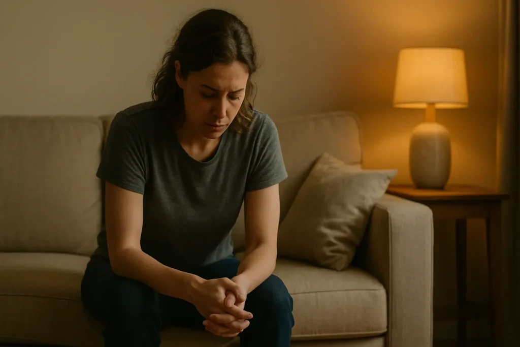 Personne assise sur un canapé, mains jointes ou tête légèrement baissée
