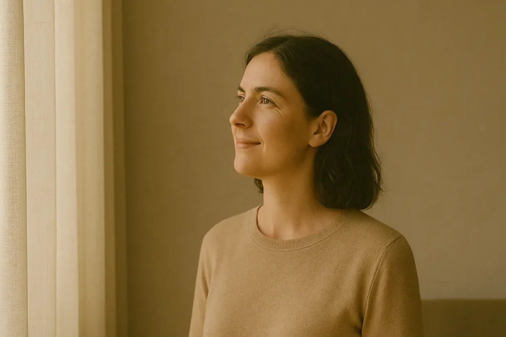 La même femme debout près d’une fenêtre, regard tourné vers la lumière, expression apaisée et pleine d’espoir.