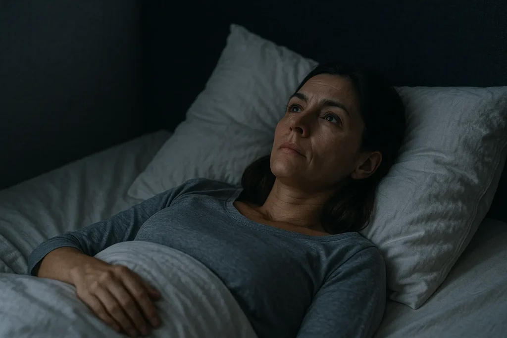 Personne allongée sur un lit, yeux ouverts, regard fixé vers le plafond, suggérant des pensées envahissantes.