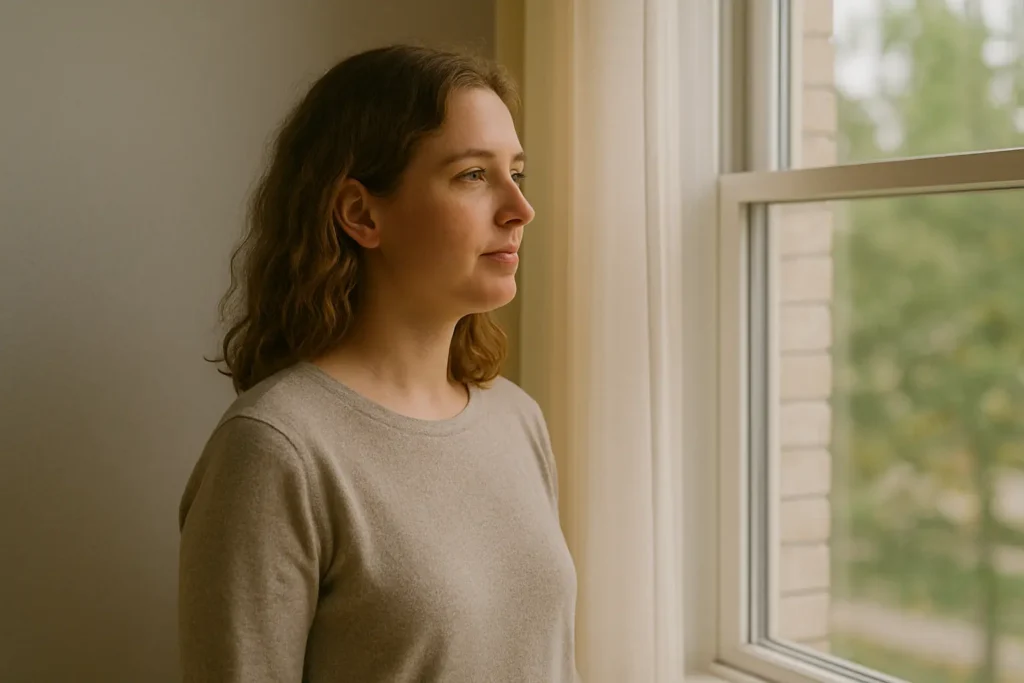personne debout près d’une fenêtre, lumière douce du matin, expression apaisée