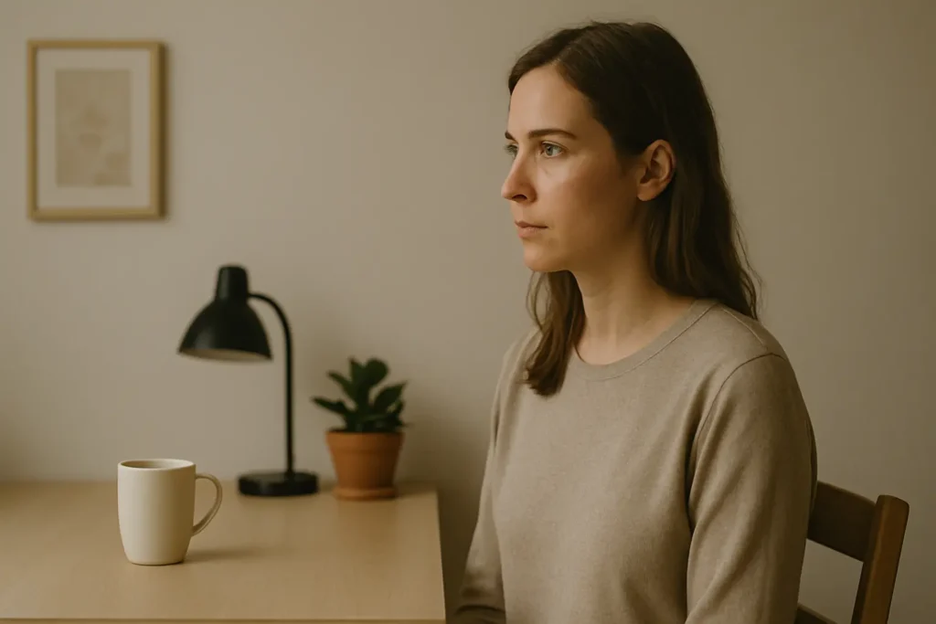 Scène intime où une personne observe calmement son environnement intérieur