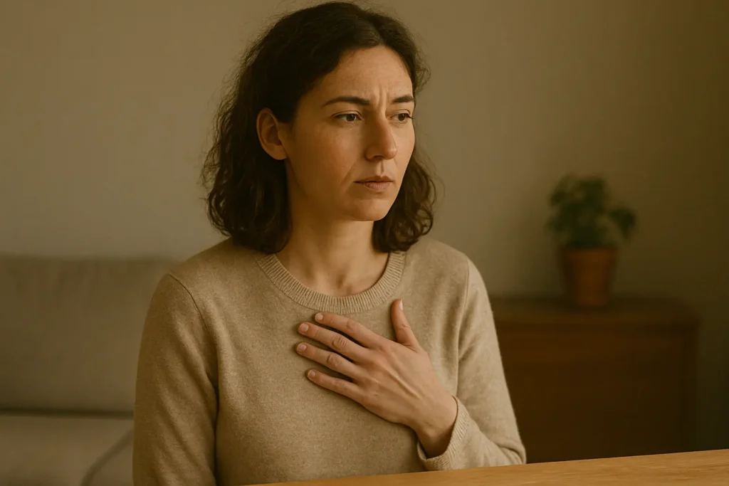 La même femme, vue un peu plus de côté, main sur la poitrine ou le col, montrant une légère tension.