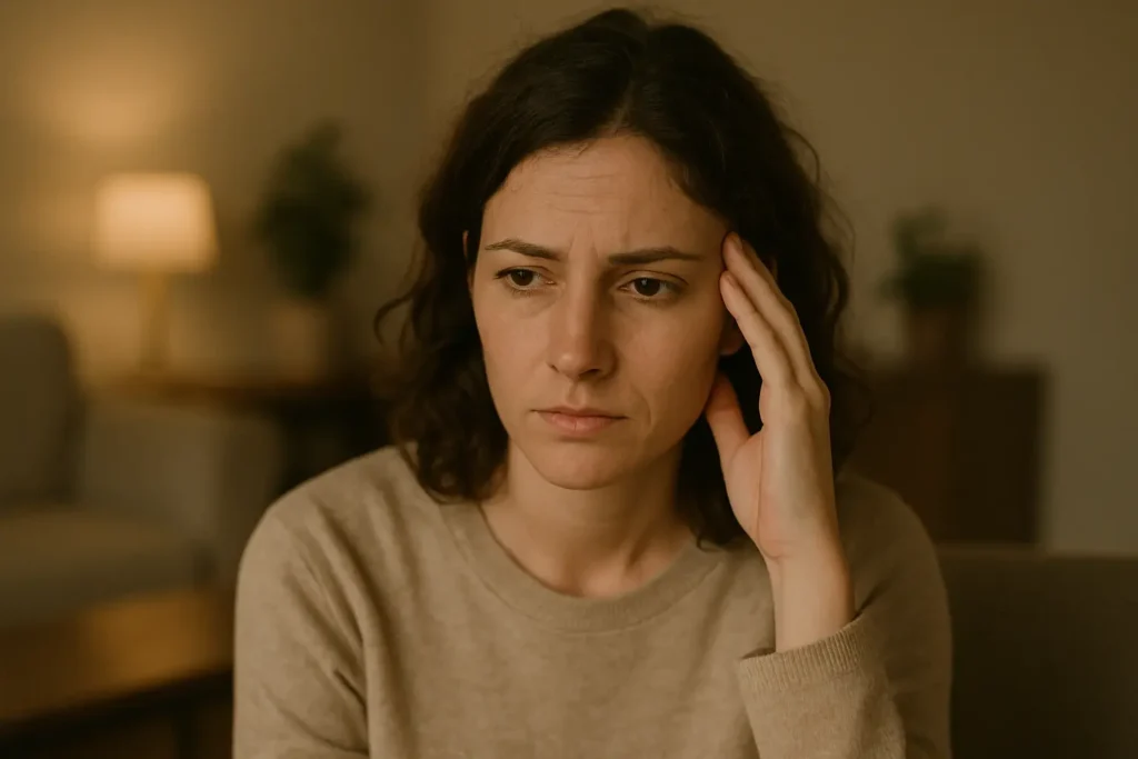 La même femme dans son salon, la main posée près de la tempe comme en réflexion