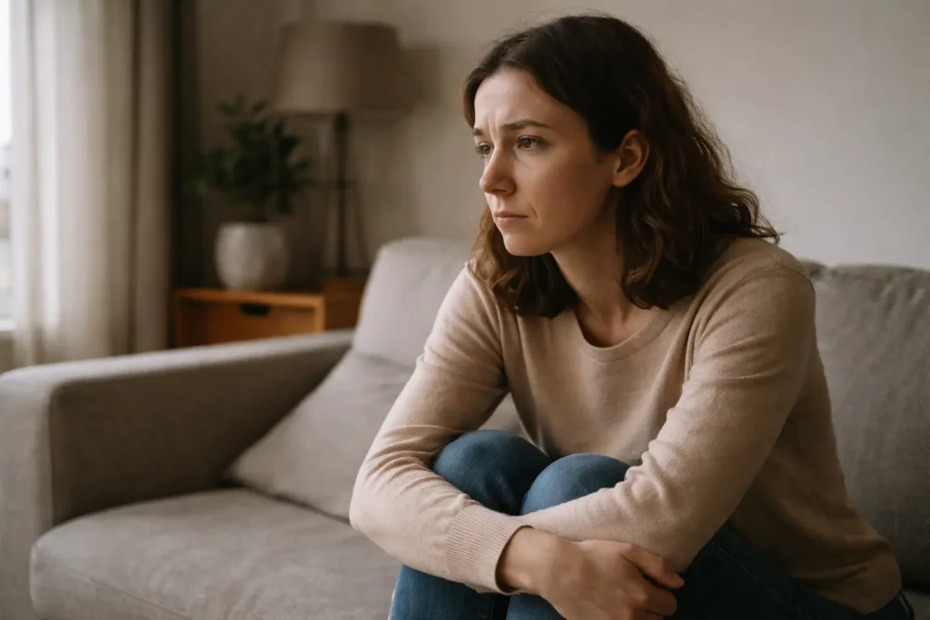 Une personne seule dans un environnement calme (salon ou chambre), regard dans le vide, posture légèrement tendue.
